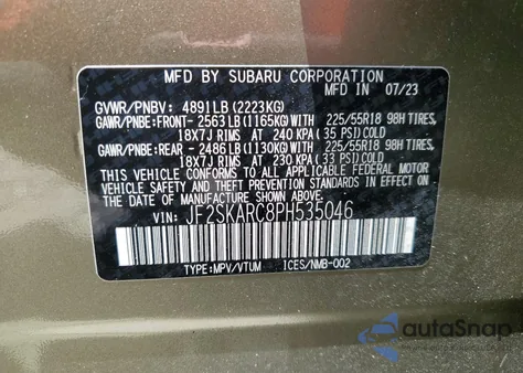 2023 Subaru Forester Touring из США, поврежденный, VIN JF2SKARC8PH535046